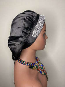 100% Silk BLING JUMBO- Hair Bonnet (Black)